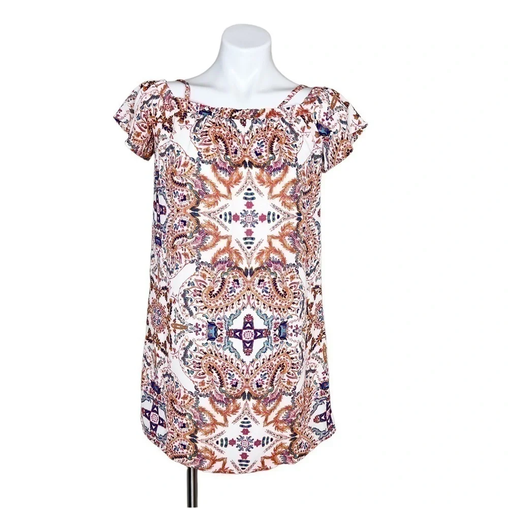As U Wish Cold Shoulder Dress Small Paisley Boho Festival Summer Spaghetti Strap